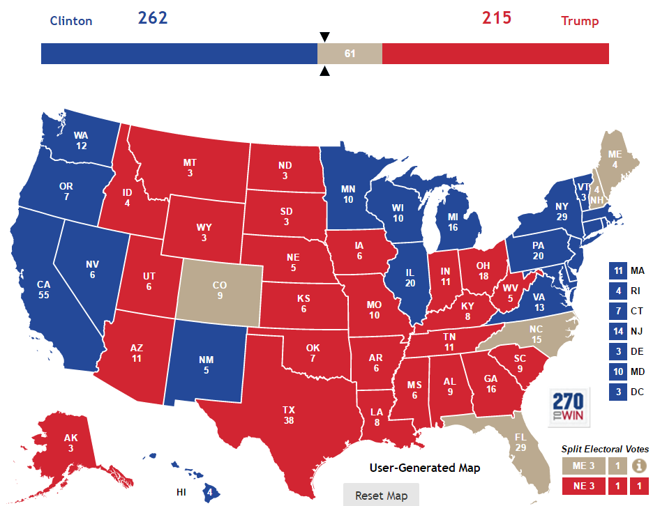 electoral college map for Donald Trump vs Hillary Clinton